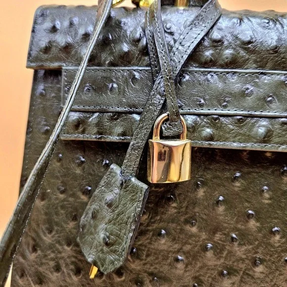 Andalossi Ostrich Embossed Leather Satchel Handbag With Lock‎ Charm and Dust Bag